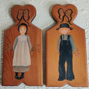 Vintage Amish Boy And Girl Painted Children On Wood Wall Hanging
